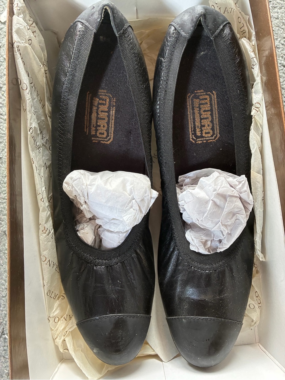 Munro Black Leather Cap-Toe Ballet Flats